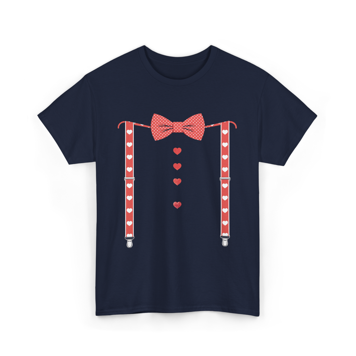 Red Hearts Bow Tie Suspenders Costume T-Shirt - Navy