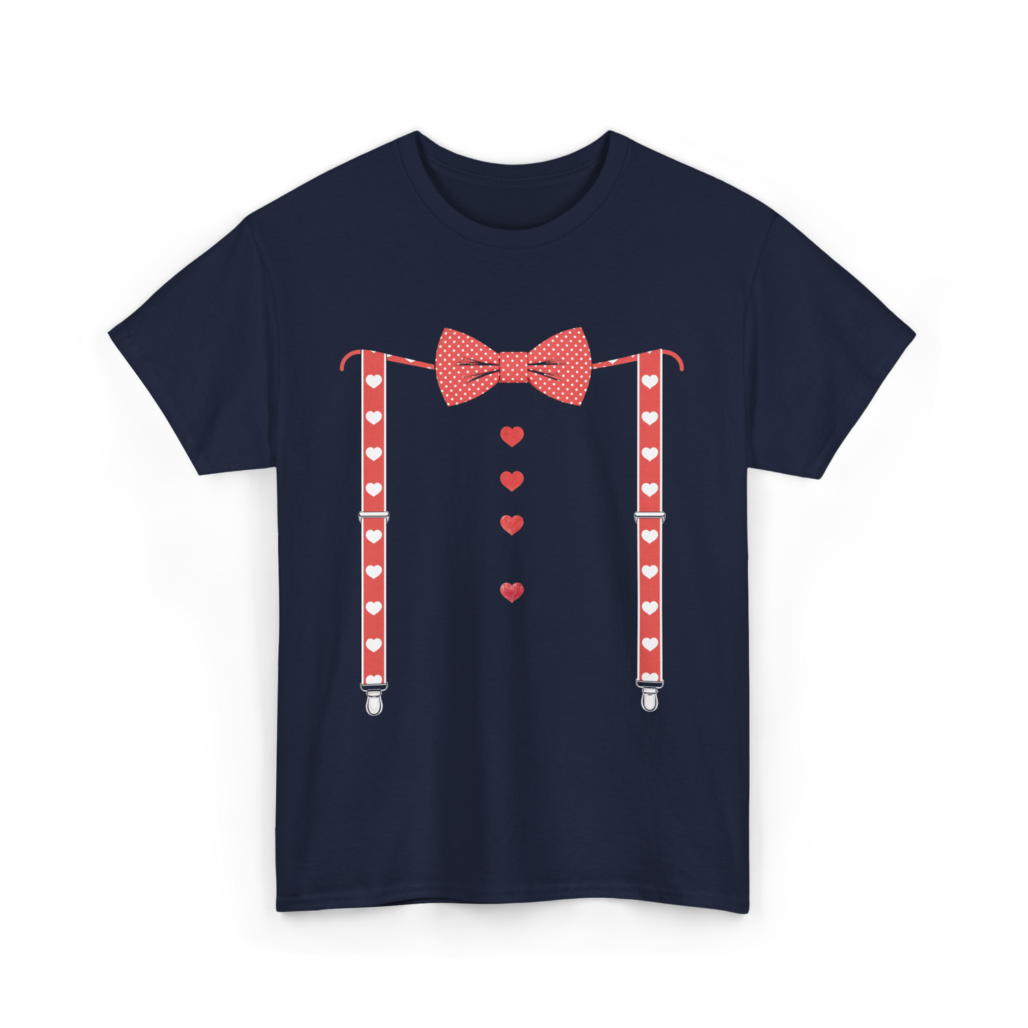 Red Hearts Bow Tie Suspenders Costume T-Shirt - Navy