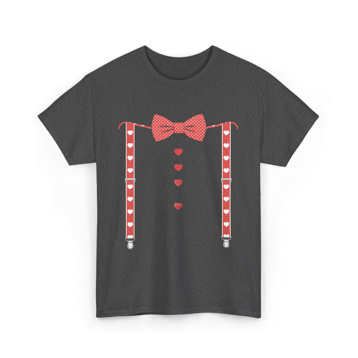 Red Hearts Bow Tie Suspenders Costume T-Shirt - Dark Heather