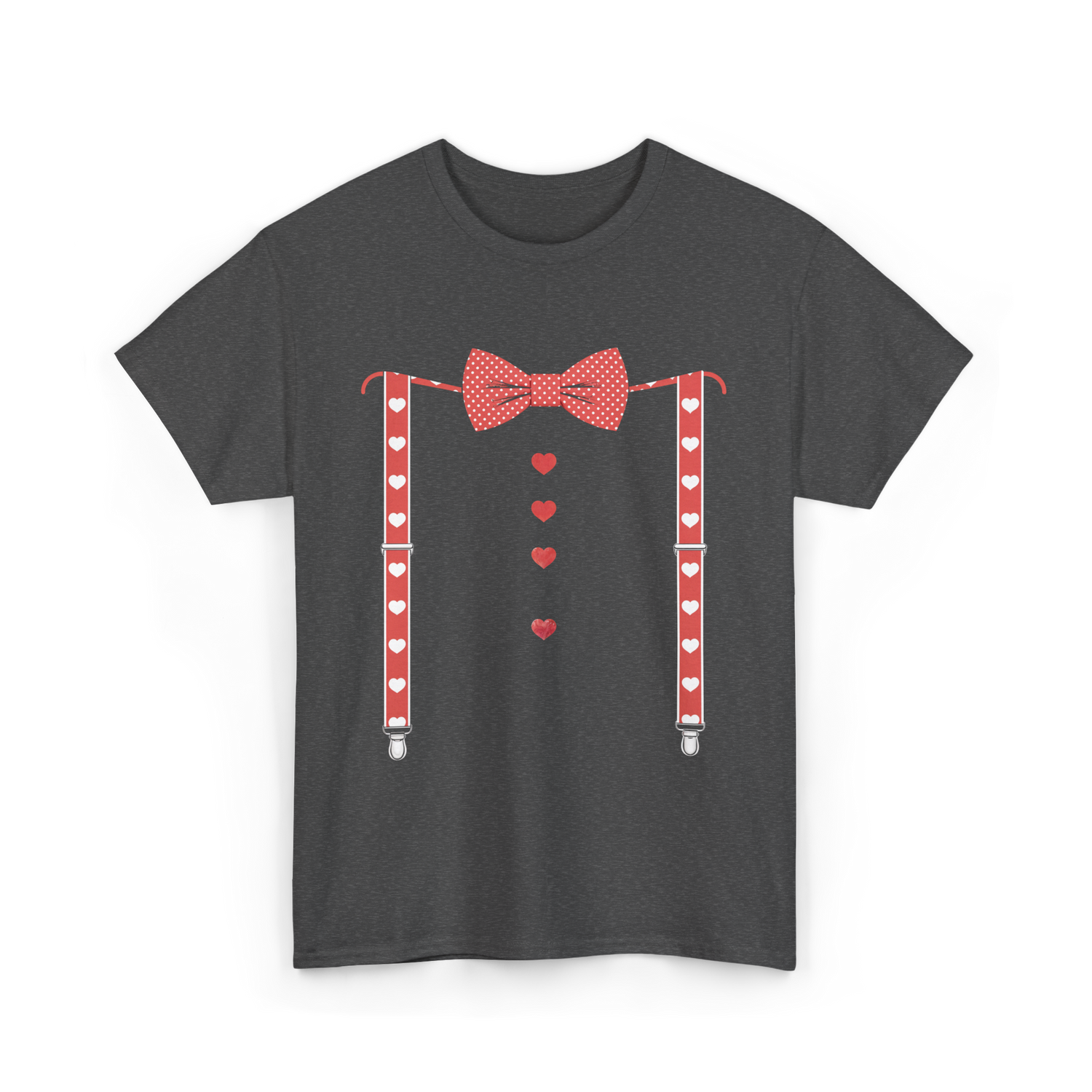 Red Hearts Bow Tie Suspenders Costume T-Shirt - Dark Heather
