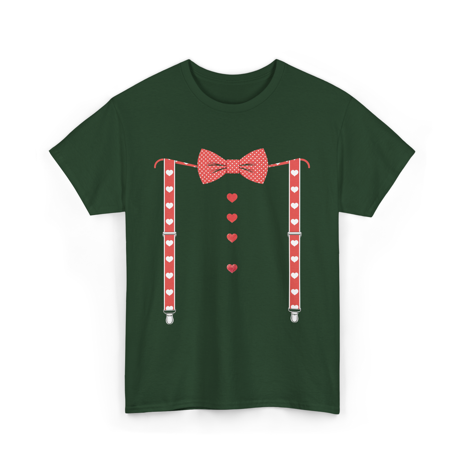 Red Hearts Bow Tie Suspenders Costume T-Shirt - Forest Green