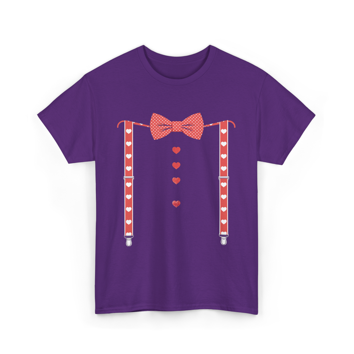 Red Hearts Bow Tie Suspenders Costume T-Shirt - Purple