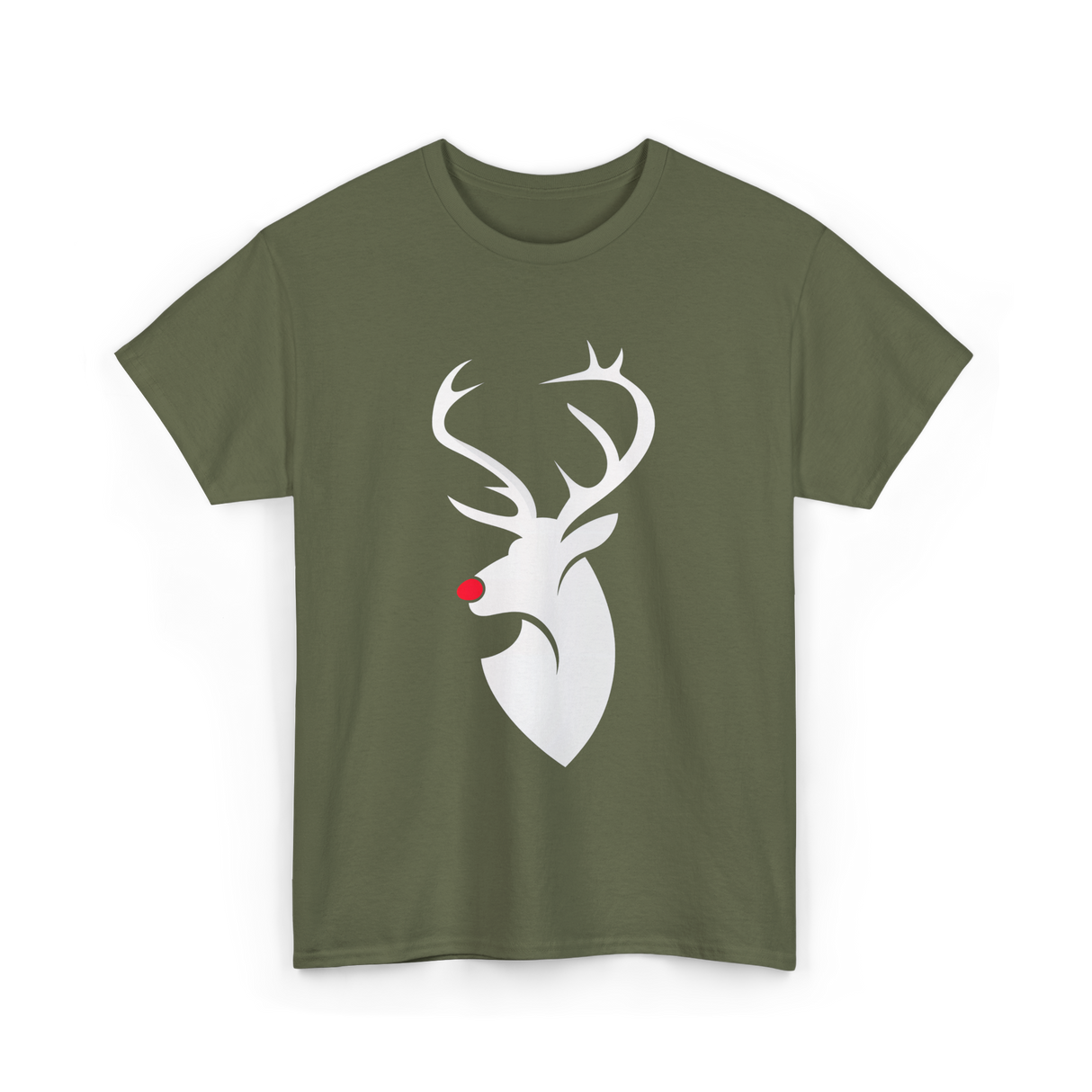 Reindeer Head Rudolph Christmas T-Shirt - Military Green