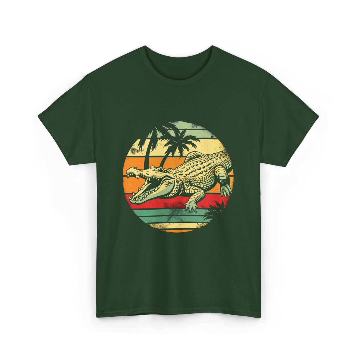Retro Crocodile Alligator Gator Sunset T-Shirt - Forest Green