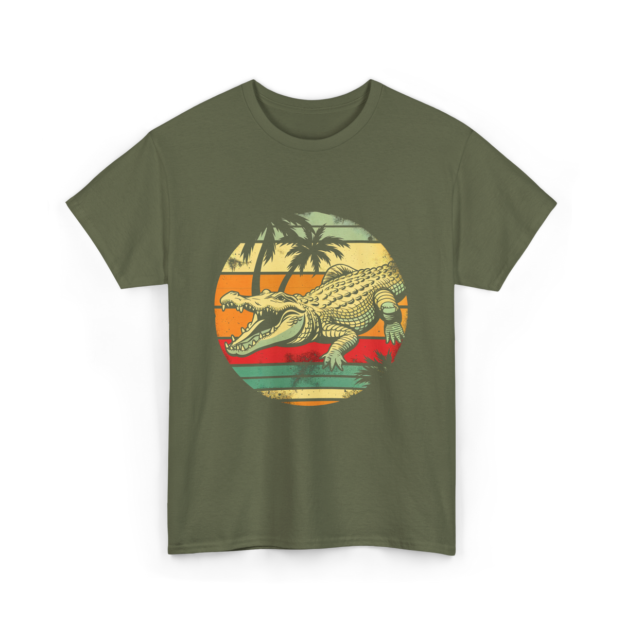Retro Crocodile Alligator Gator Sunset T-Shirt - Military Green