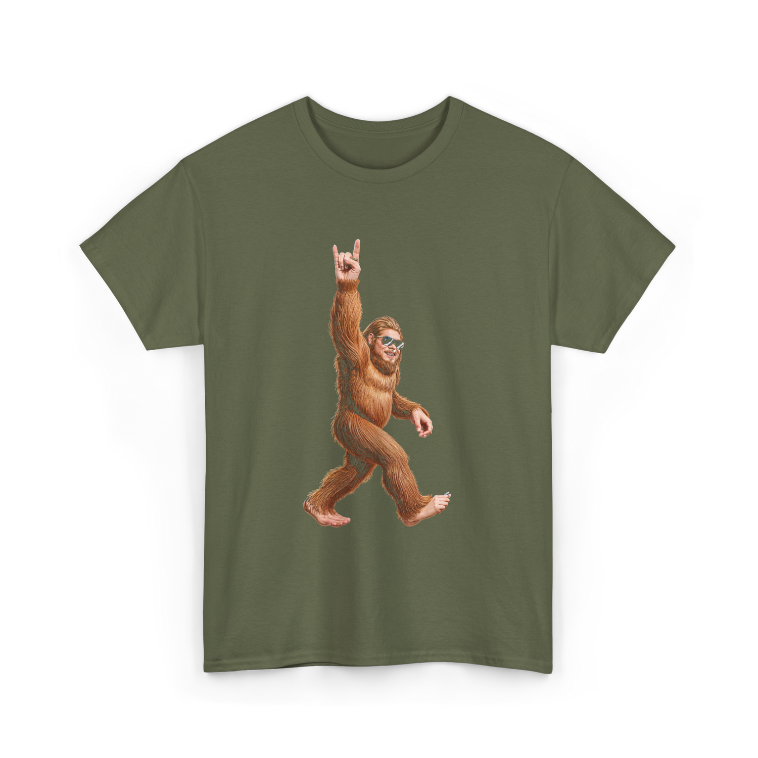 Rock On Bigfoot Sasquatch Rock Music T-Shirt - Military Green