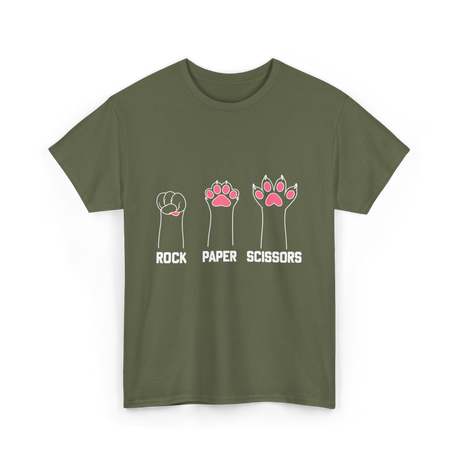 Rock Paper Scissors Cat Paw Game T-Shirt - Military Green