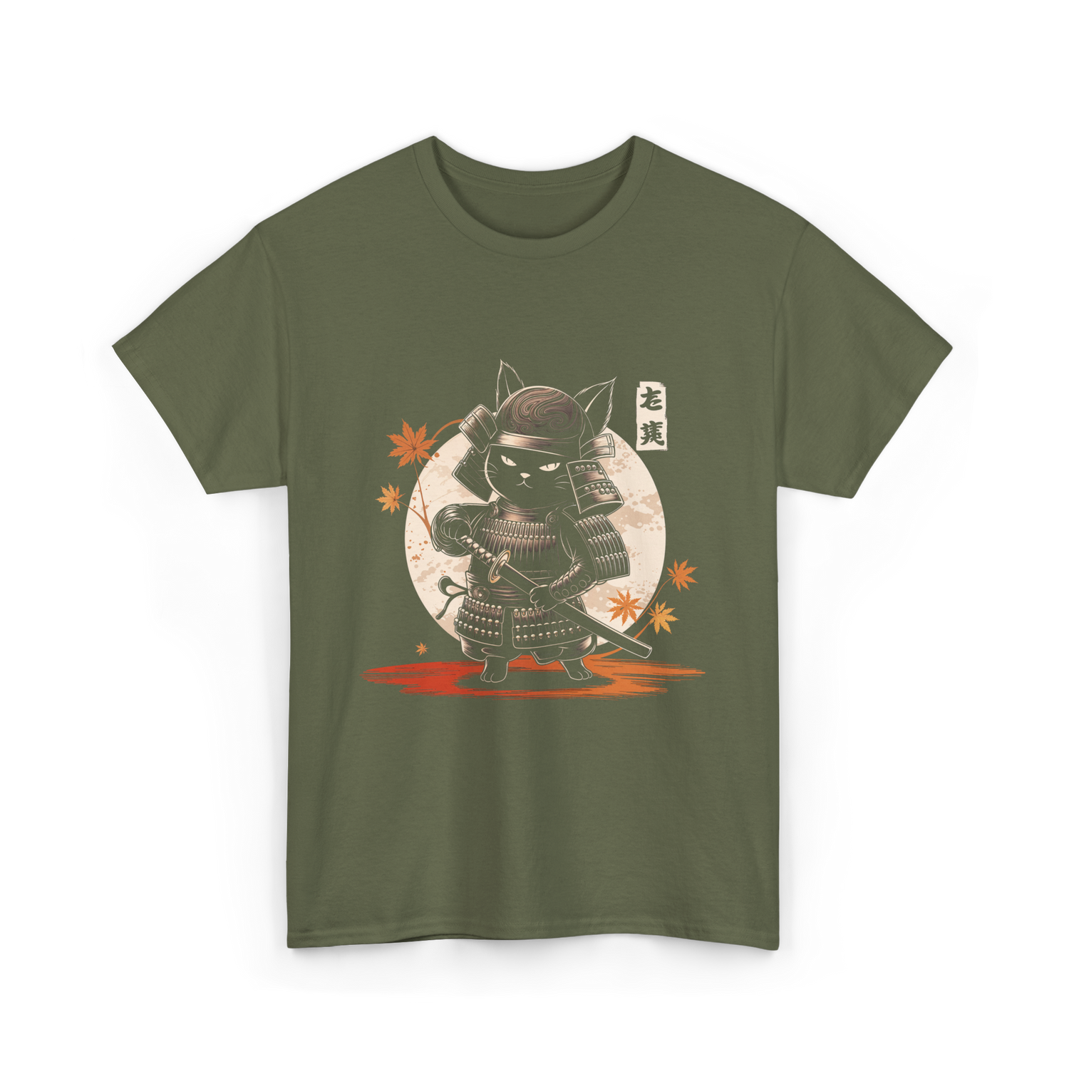 Samurai Cat Kawaii Ninja Cat T-Shirt - Military Green