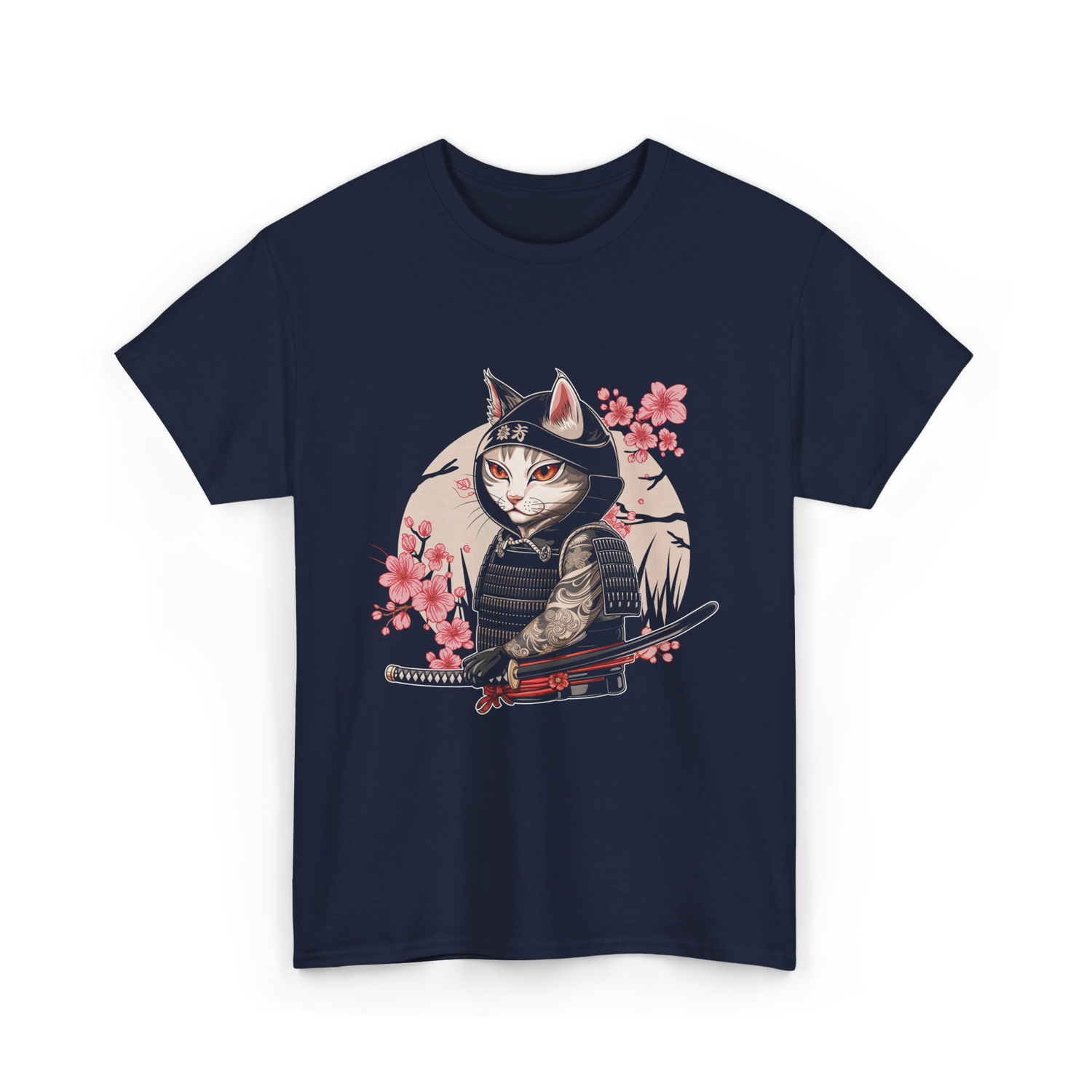 Samurai Cat Tattoo Cat T-Shirt - Navy