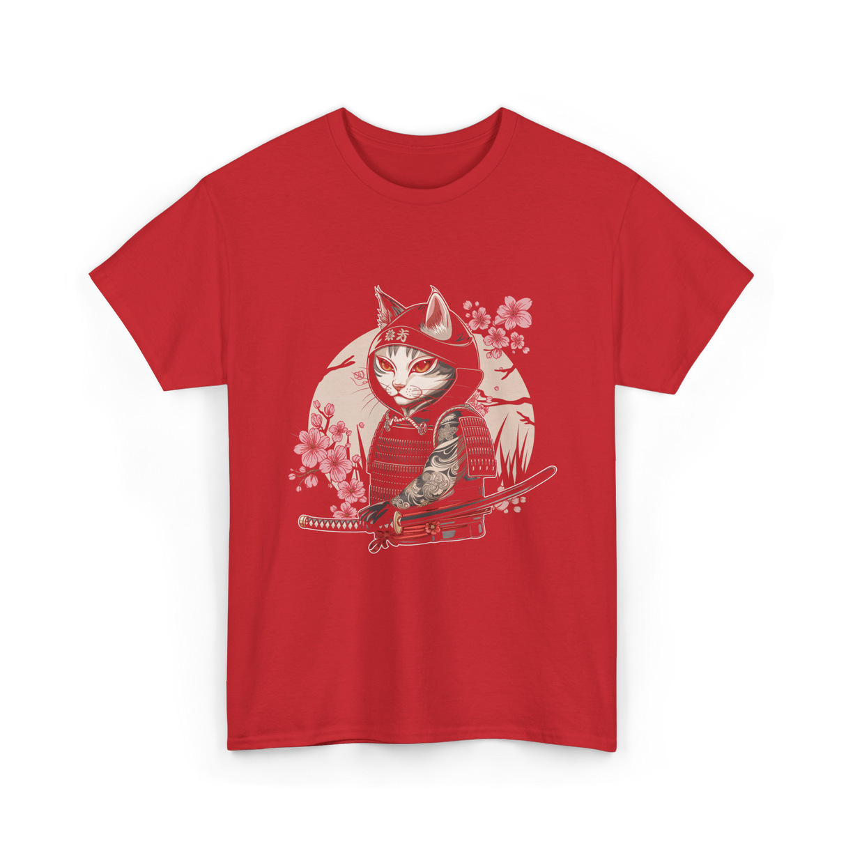 Samurai Cat Tattoo Cat T-Shirt - Red