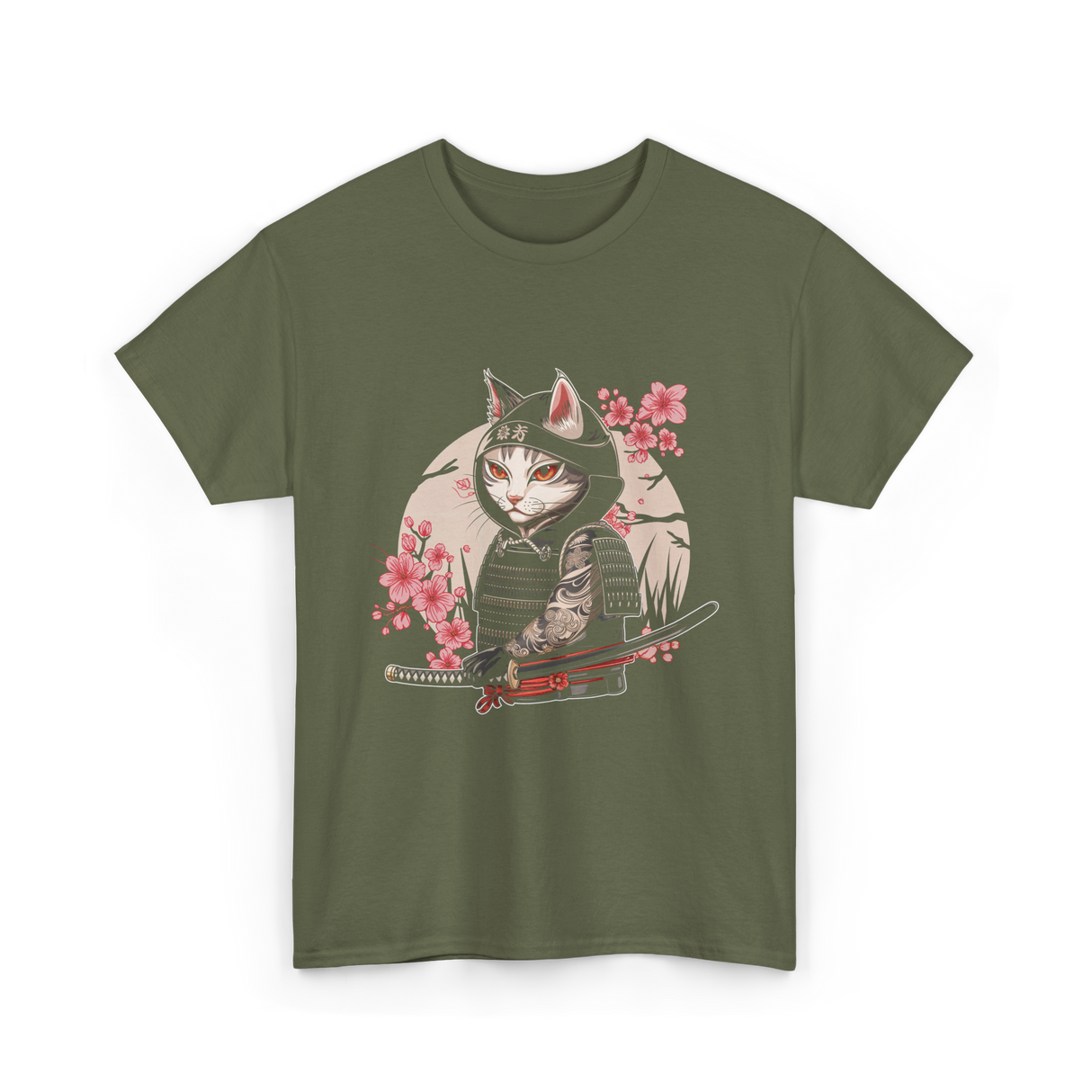 Samurai Cat Tattoo Cat T-Shirt - Military Green