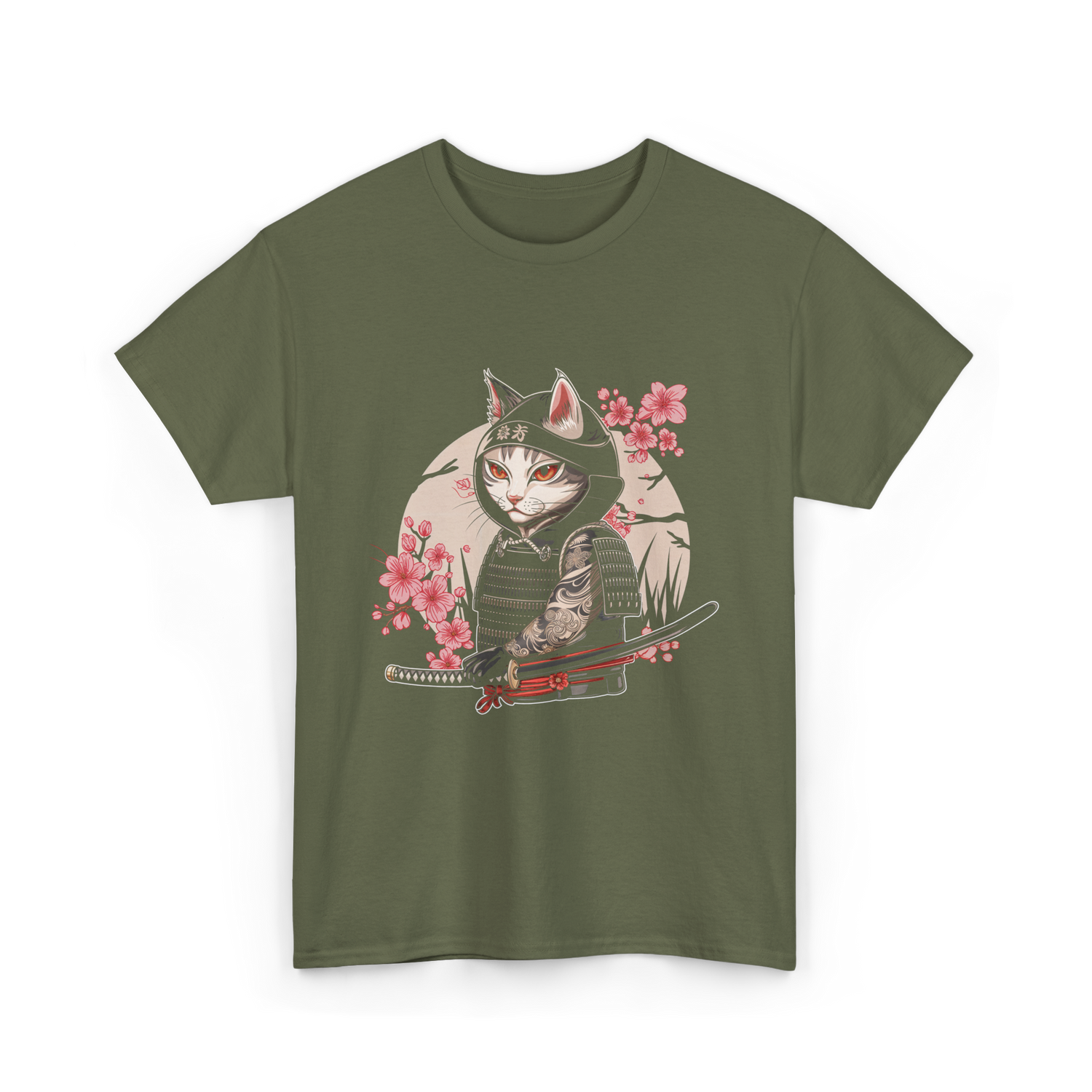 Samurai Cat Tattoo Cat T-Shirt - Military Green