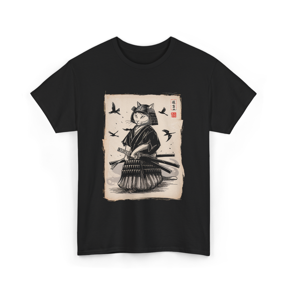 Samurai Cat Warrior Art Anime T-Shirt - Black