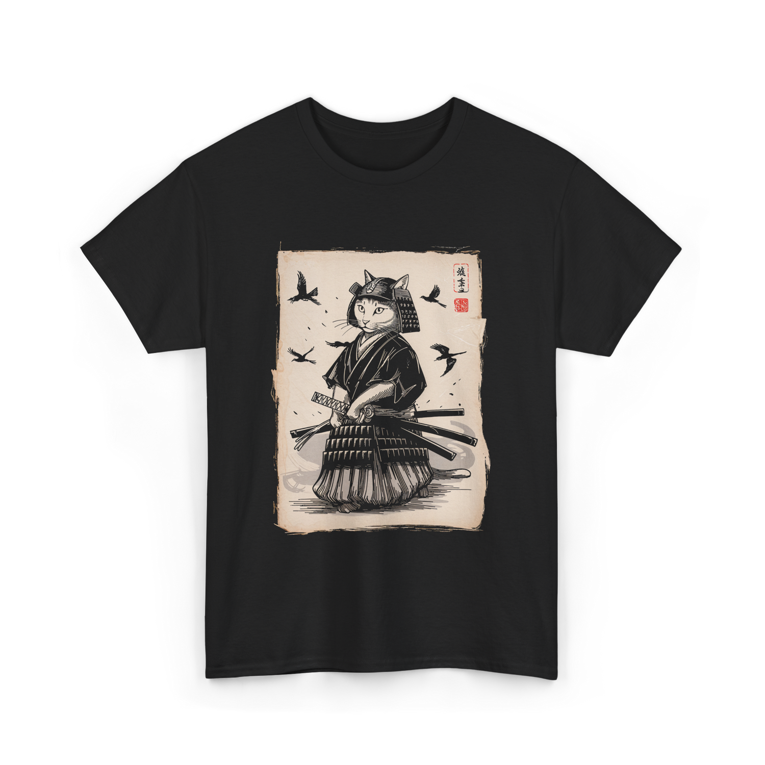Samurai Cat Warrior Art Anime T-Shirt - Black