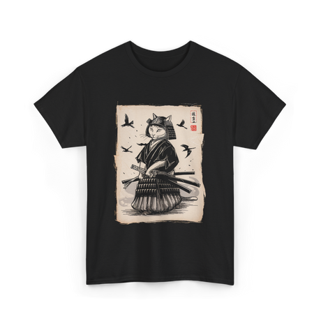 Samurai Cat Warrior Art Anime T-Shirt - Black