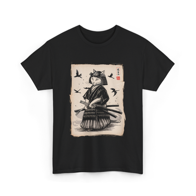 Samurai Cat Warrior Art Anime T-Shirt - Black