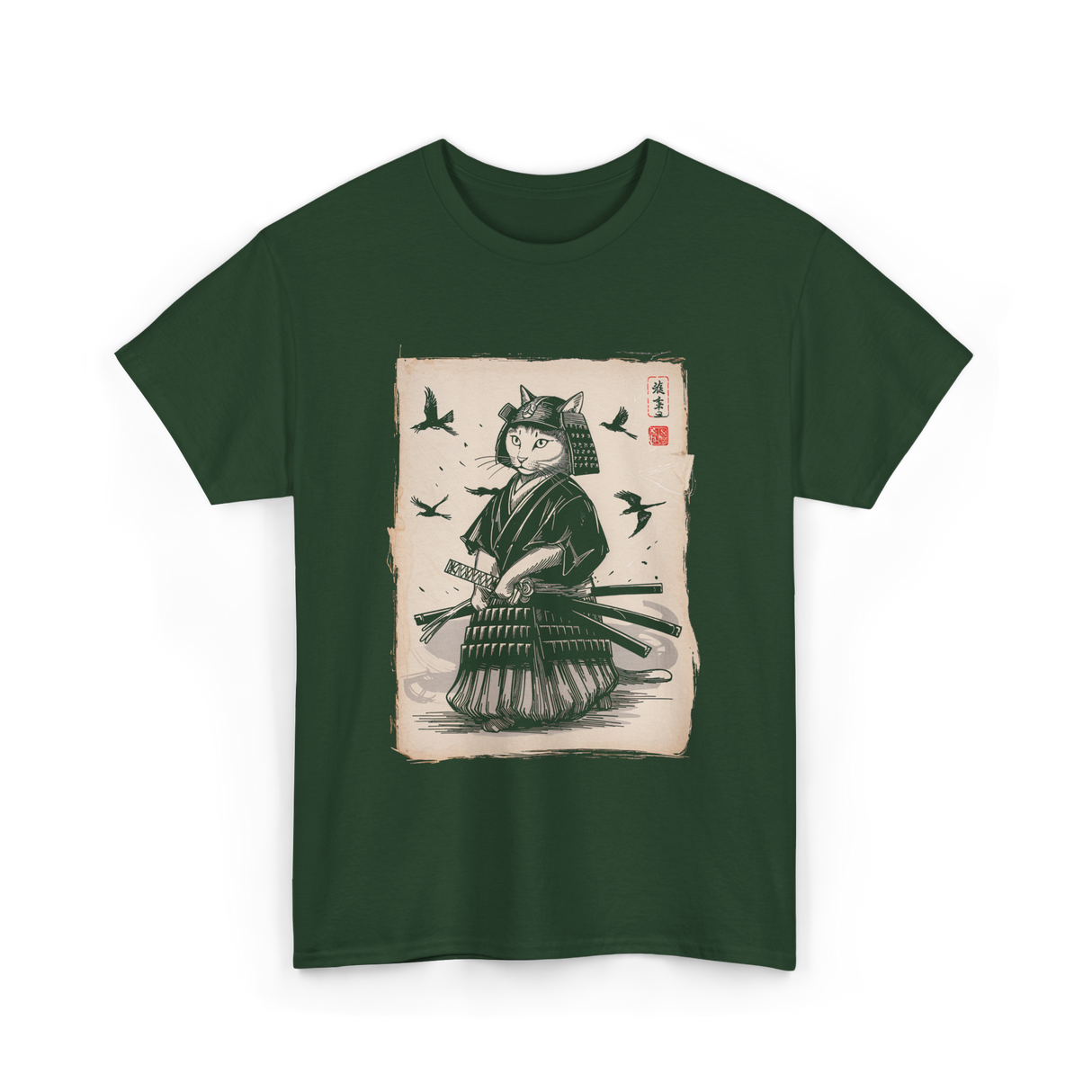 Samurai Cat Warrior Art Anime T-Shirt - Forest Green