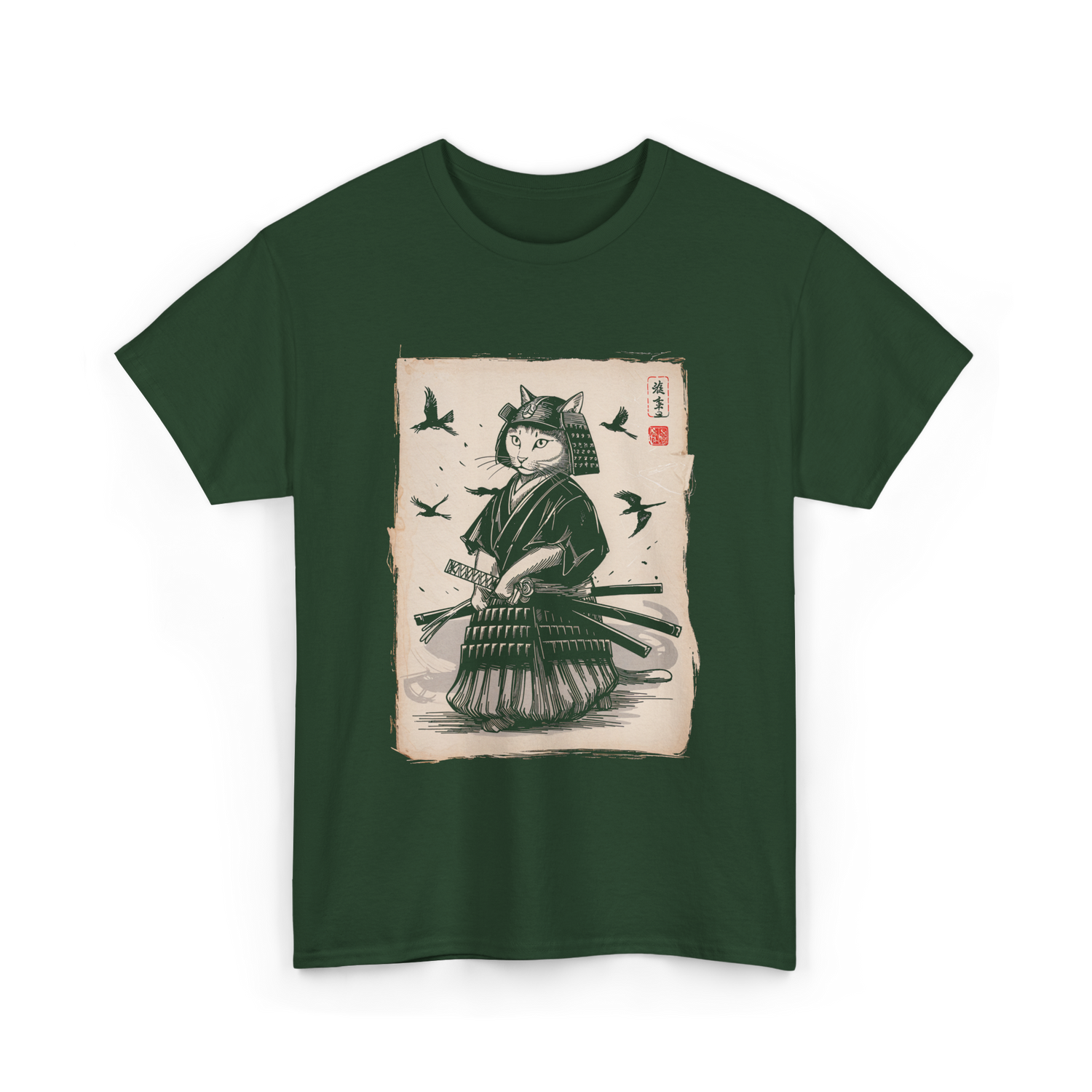 Samurai Cat Warrior Art Anime T-Shirt - Forest Green