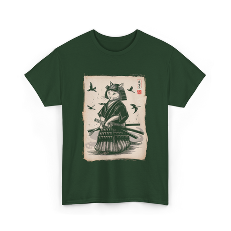 Samurai Cat Warrior Art Anime T-Shirt - Forest Green