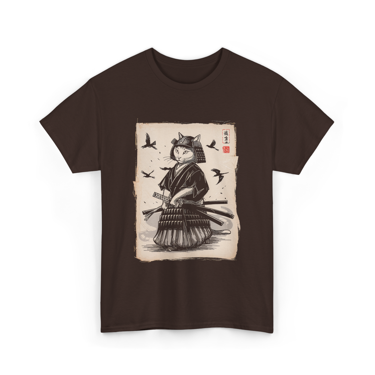 Samurai Cat Warrior Art Anime T-Shirt - Dark Chocolate