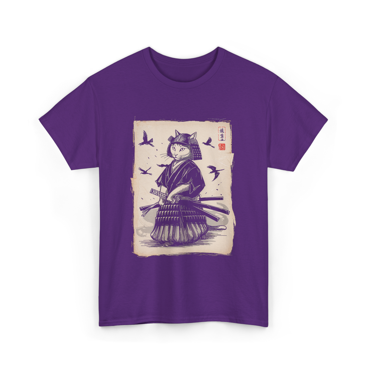 Samurai Cat Warrior Art Anime T-Shirt - Purple