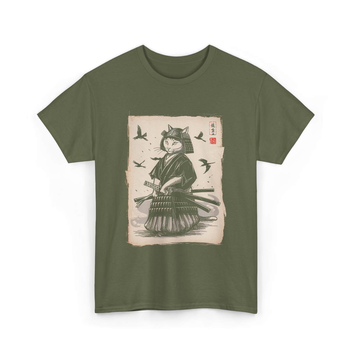Samurai Cat Warrior Art Anime T-Shirt - Military Green