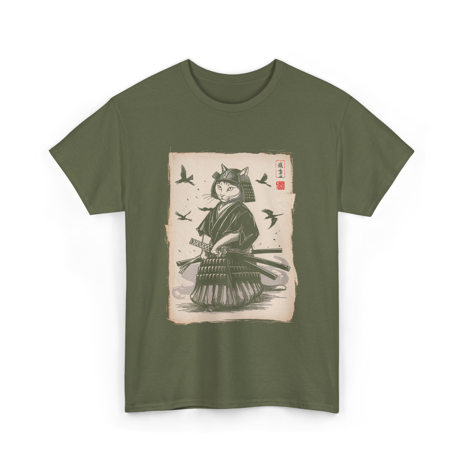 Samurai Cat Warrior Art Anime T-Shirt - Military Green