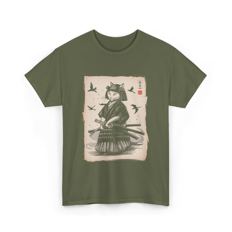 Samurai Cat Warrior Art Anime T-Shirt - Military Green