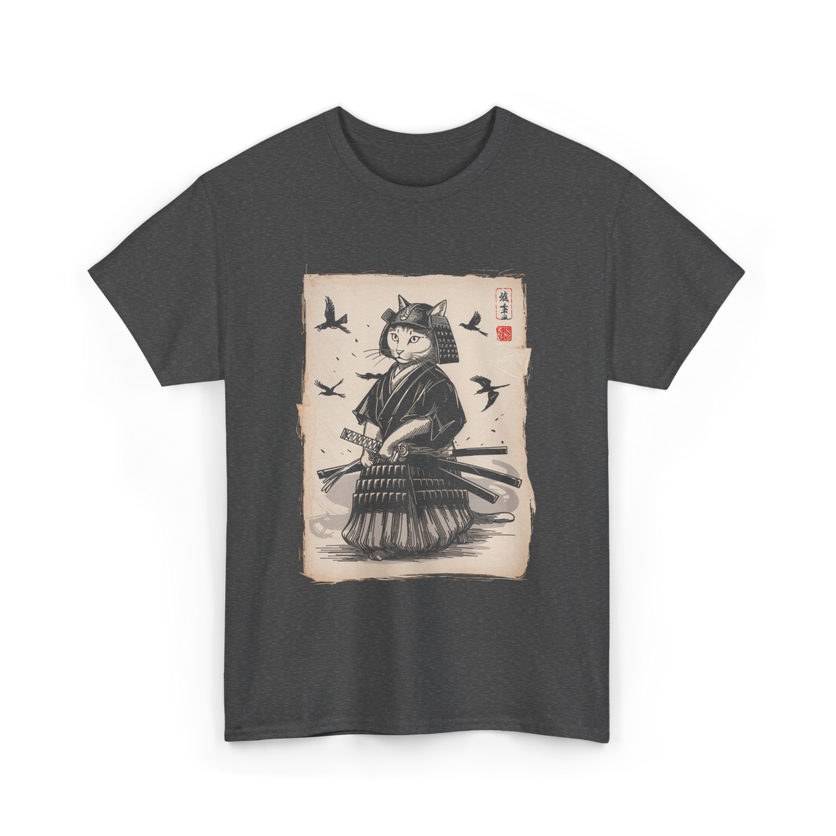 Samurai Cat Warrior Art Anime T-Shirt - Dark Heather