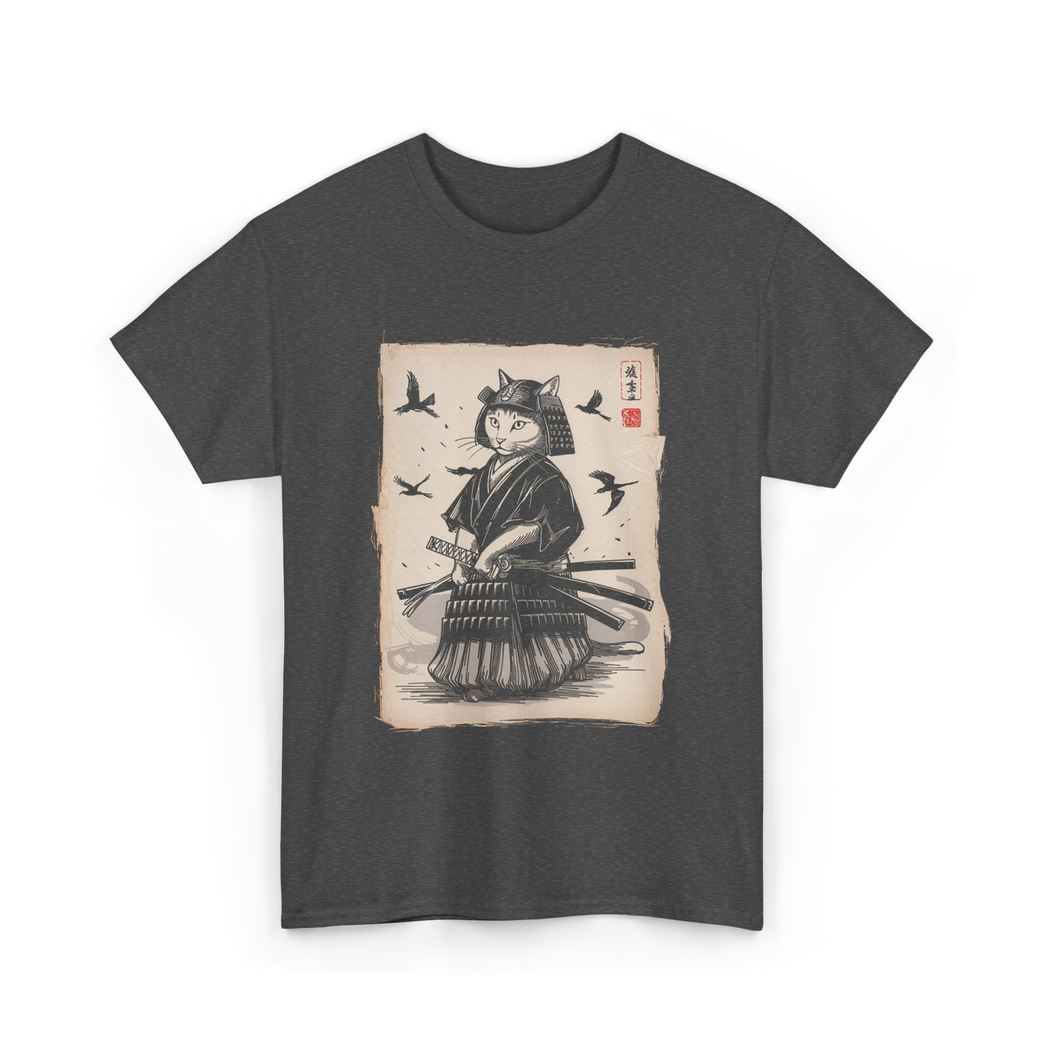 Samurai Cat Warrior Art Anime T-Shirt - Dark Heather
