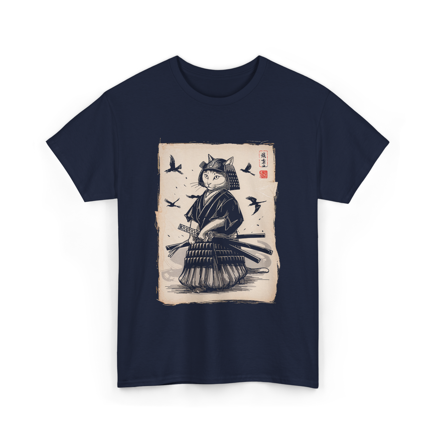 Samurai Cat Warrior Art Anime T-Shirt - Navy