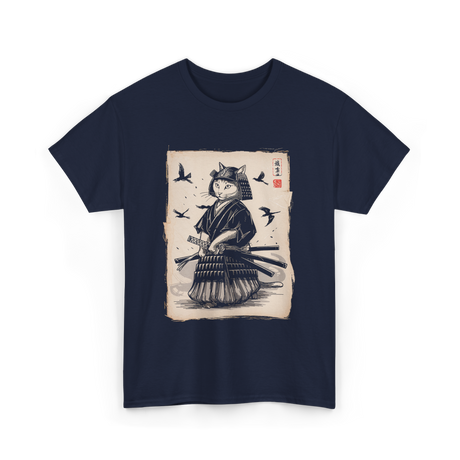 Samurai Cat Warrior Art Anime T-Shirt - Navy