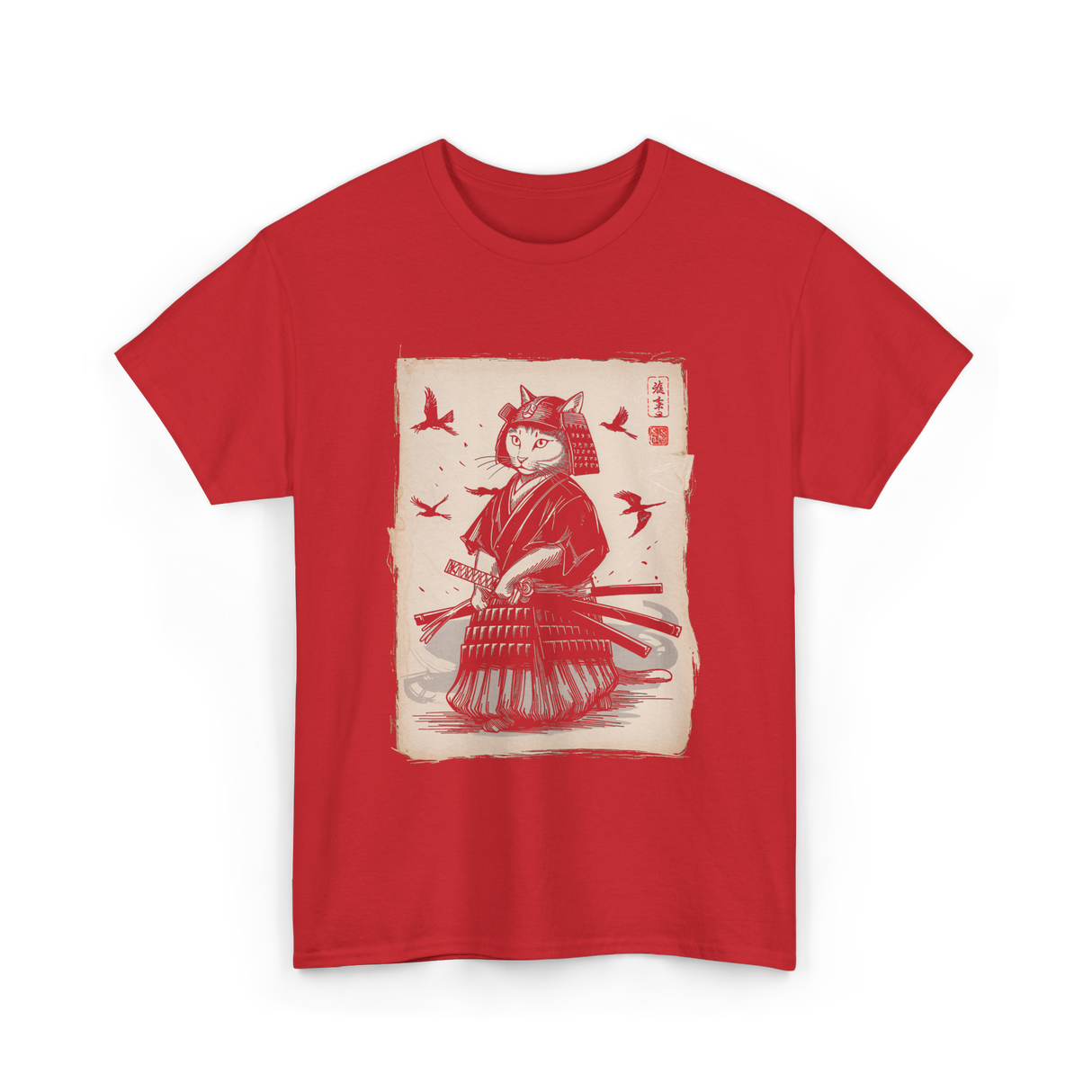 Samurai Cat Warrior Art Anime T-Shirt - Red