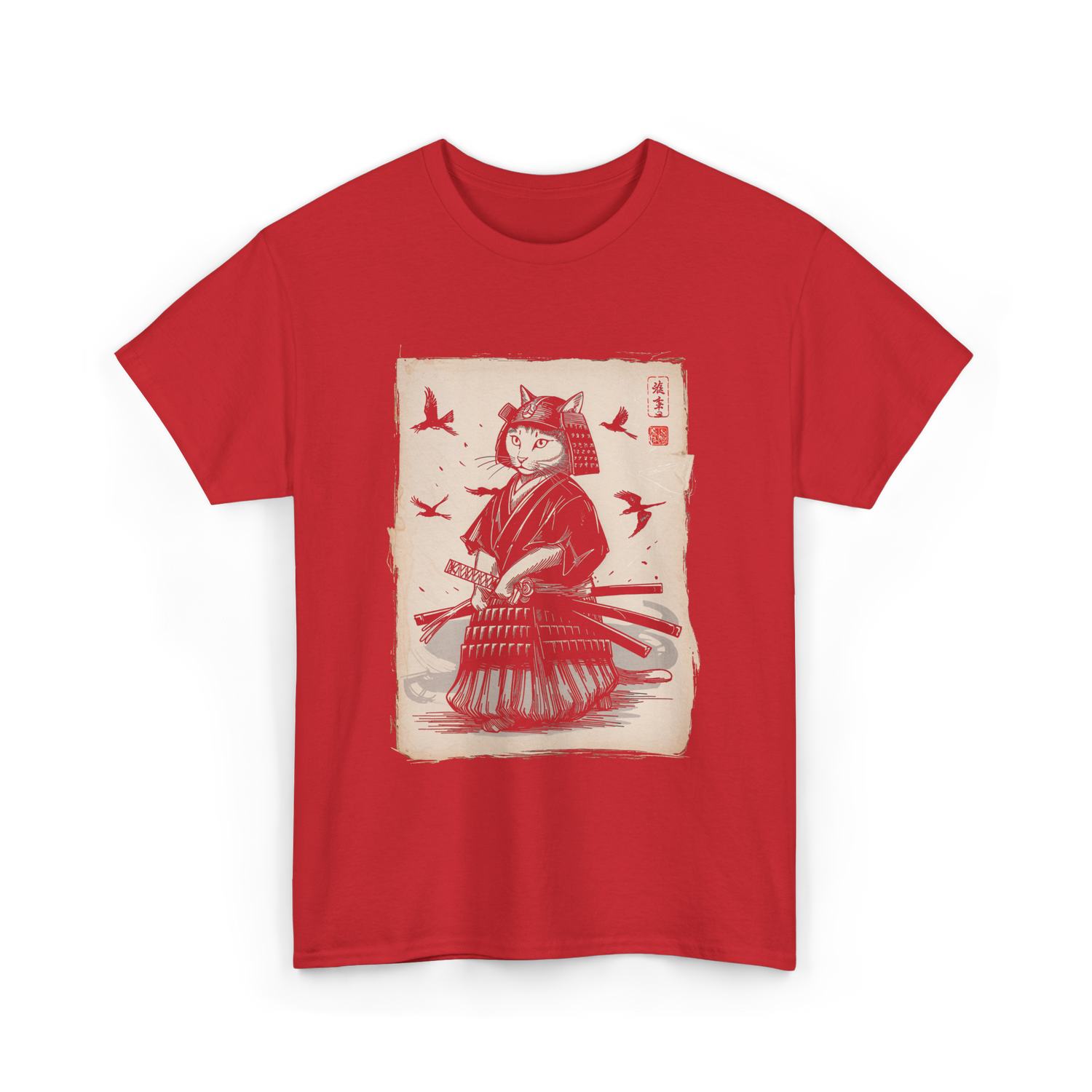 Samurai Cat Warrior Art Anime T-Shirt - Red