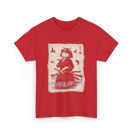 Samurai Cat Warrior Art Anime T-Shirt - Red