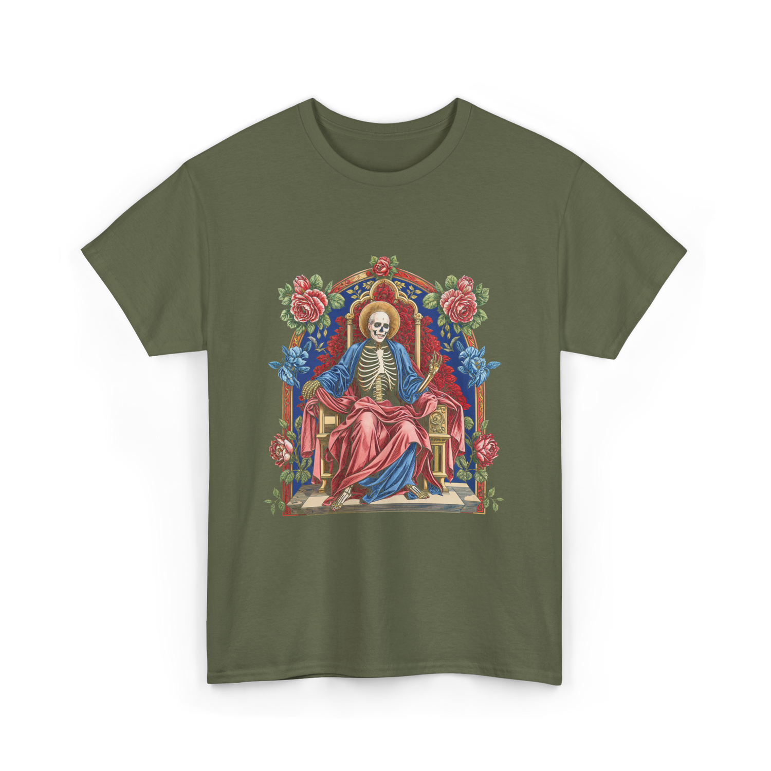 Santa Muerte Saint Death Skeleton T-Shirt - Military Green