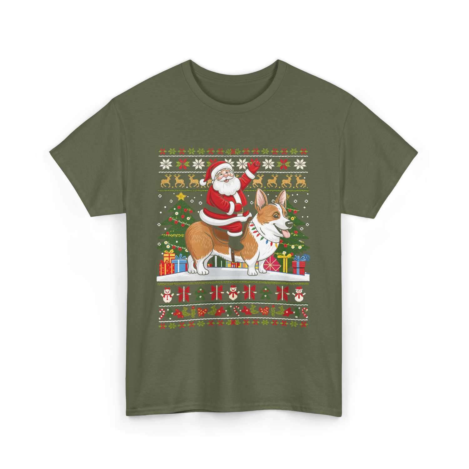 Santa Riding Corgi Corgi Christmas T-Shirt - Military Green