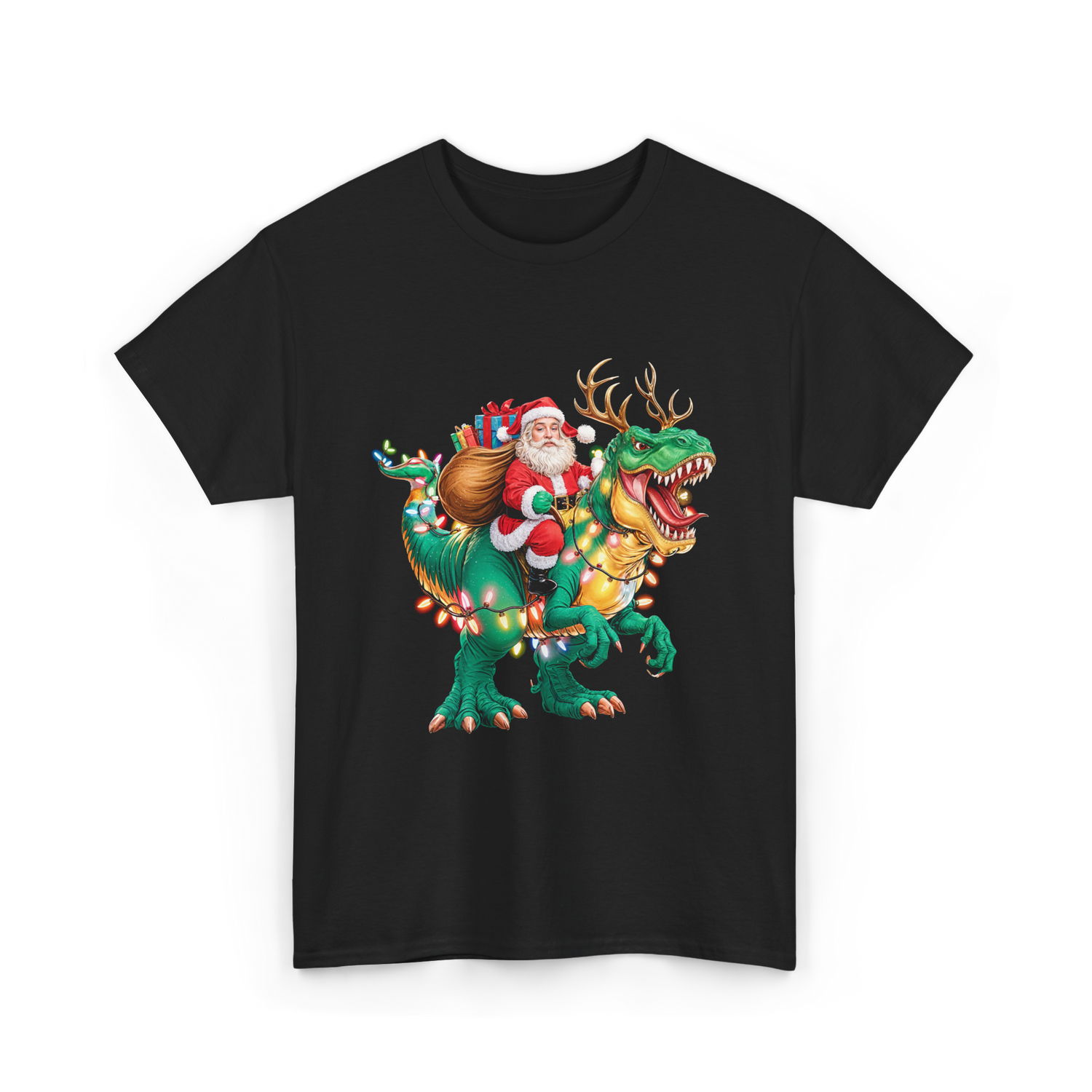 Santa Riding Dinosaur Christmas T-Shirt - Black
