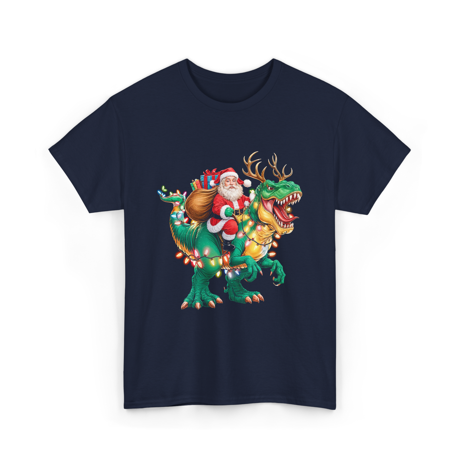 Santa Riding Dinosaur Christmas T-Shirt - Navy