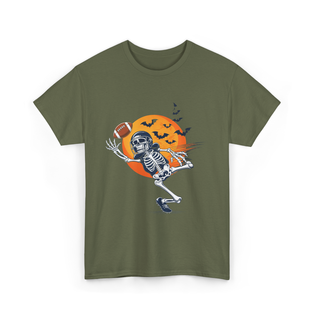 Skeleton Football Player Halloween Football T-Shirt - Military Green