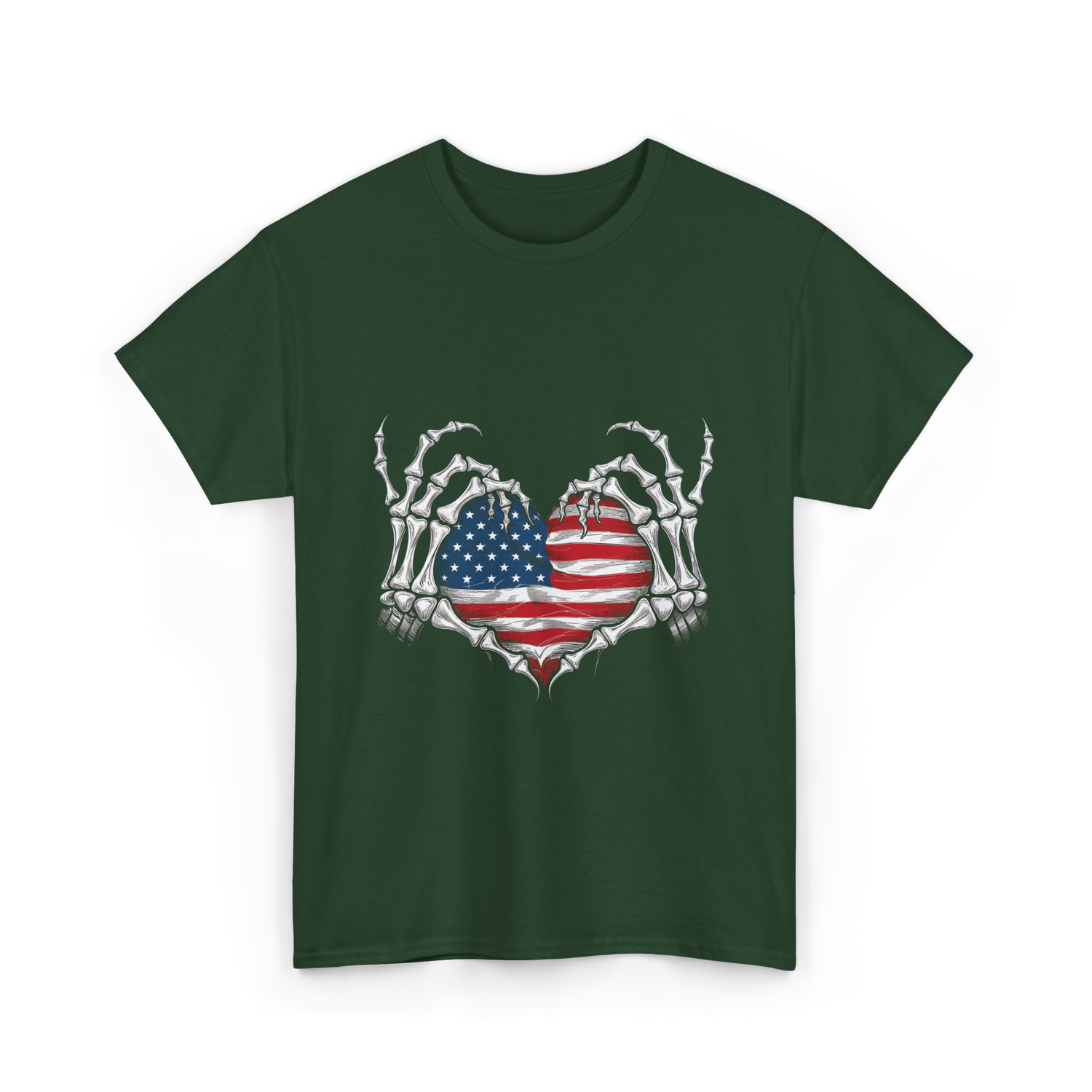 Skeleton Hand Heart Patriotic Love T-Shirt - Forest Green