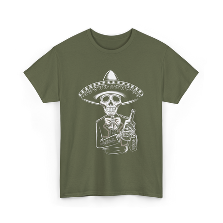 Skeleton Tequila Mexico Dia De Los Muertos T-Shirt - Military Green