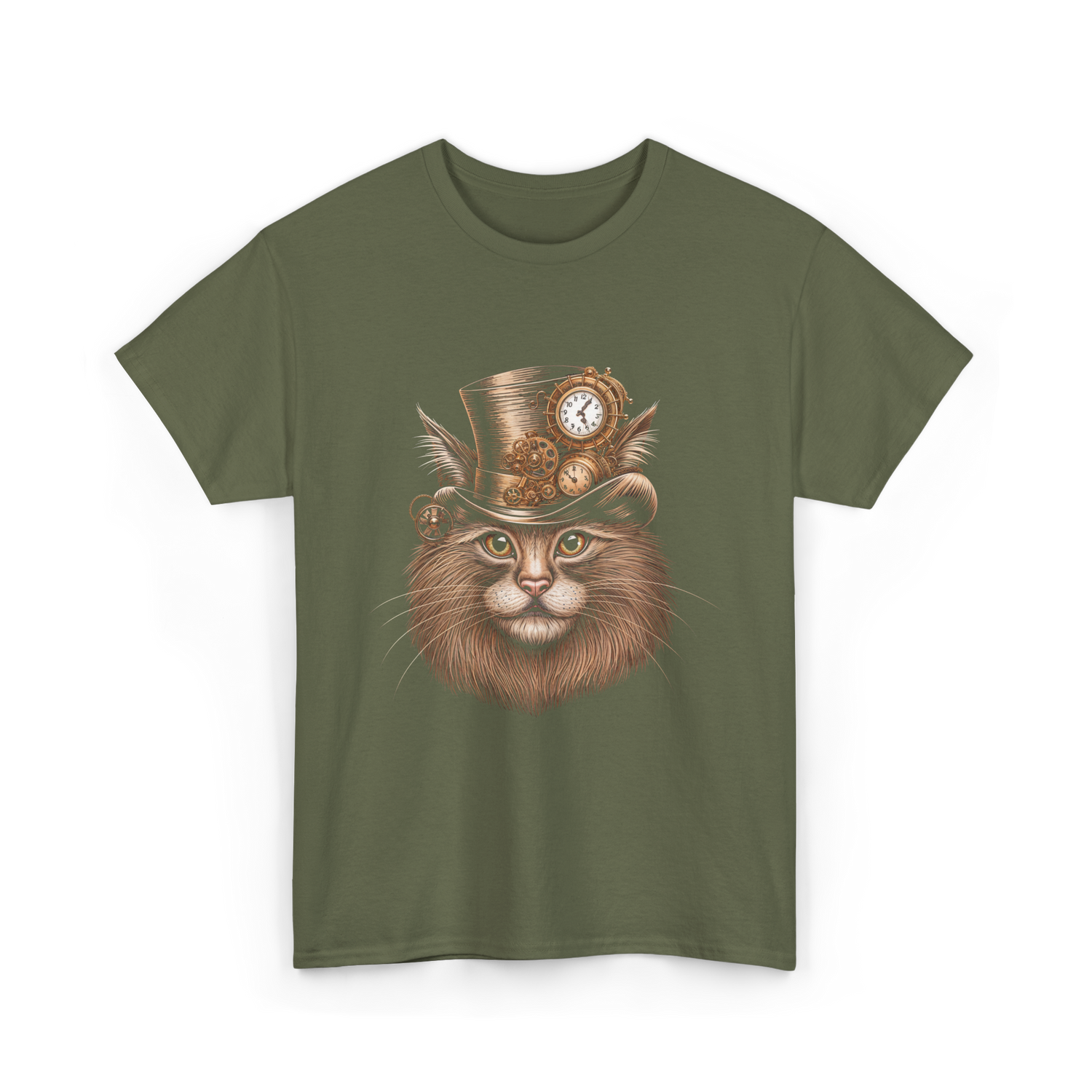 Steampunk Cat Steampunk Art Cat T-Shirt - Military Green