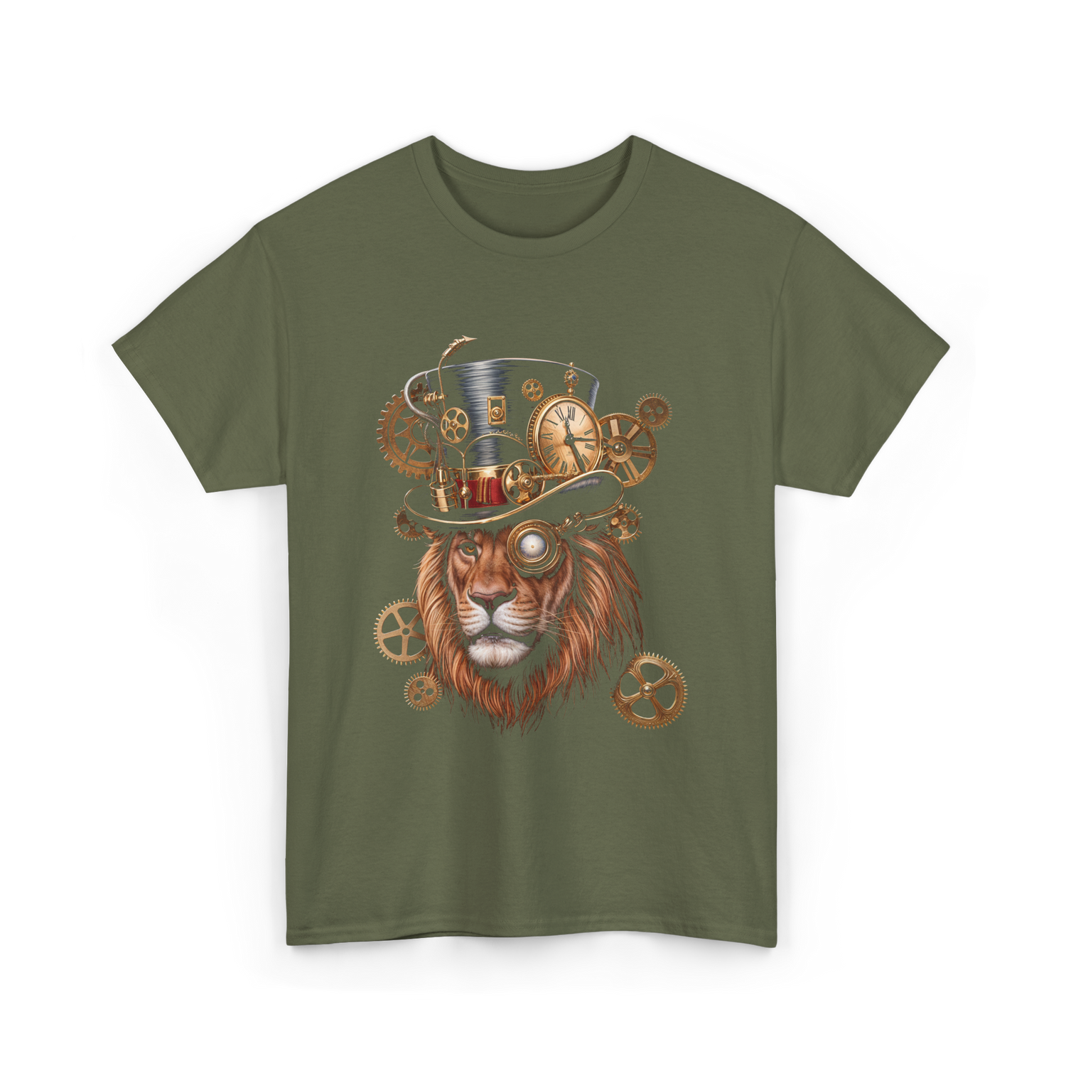 Steampunk Lion Lion Head Steampunk T-Shirt - Military Green
