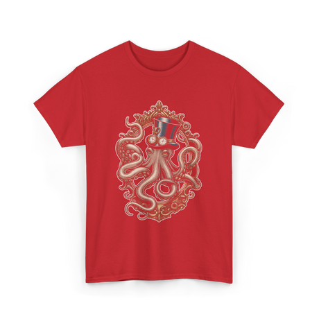 Steampunk Octopus Vintage Art T-Shirt - Red
