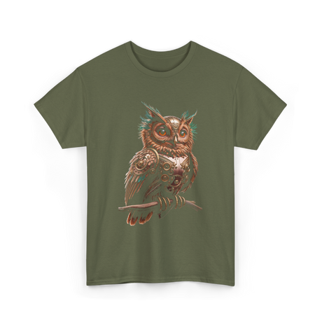 Steampunk Owl Vintage Owl Art T-Shirt - Military Green