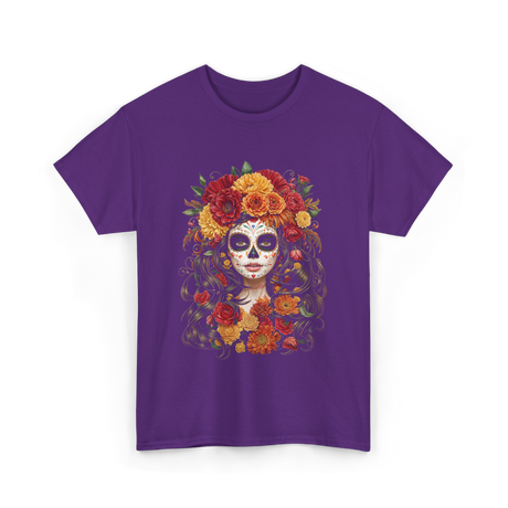 Sugar Skull Floral Art Sugar Skull T-Shirt - Purple