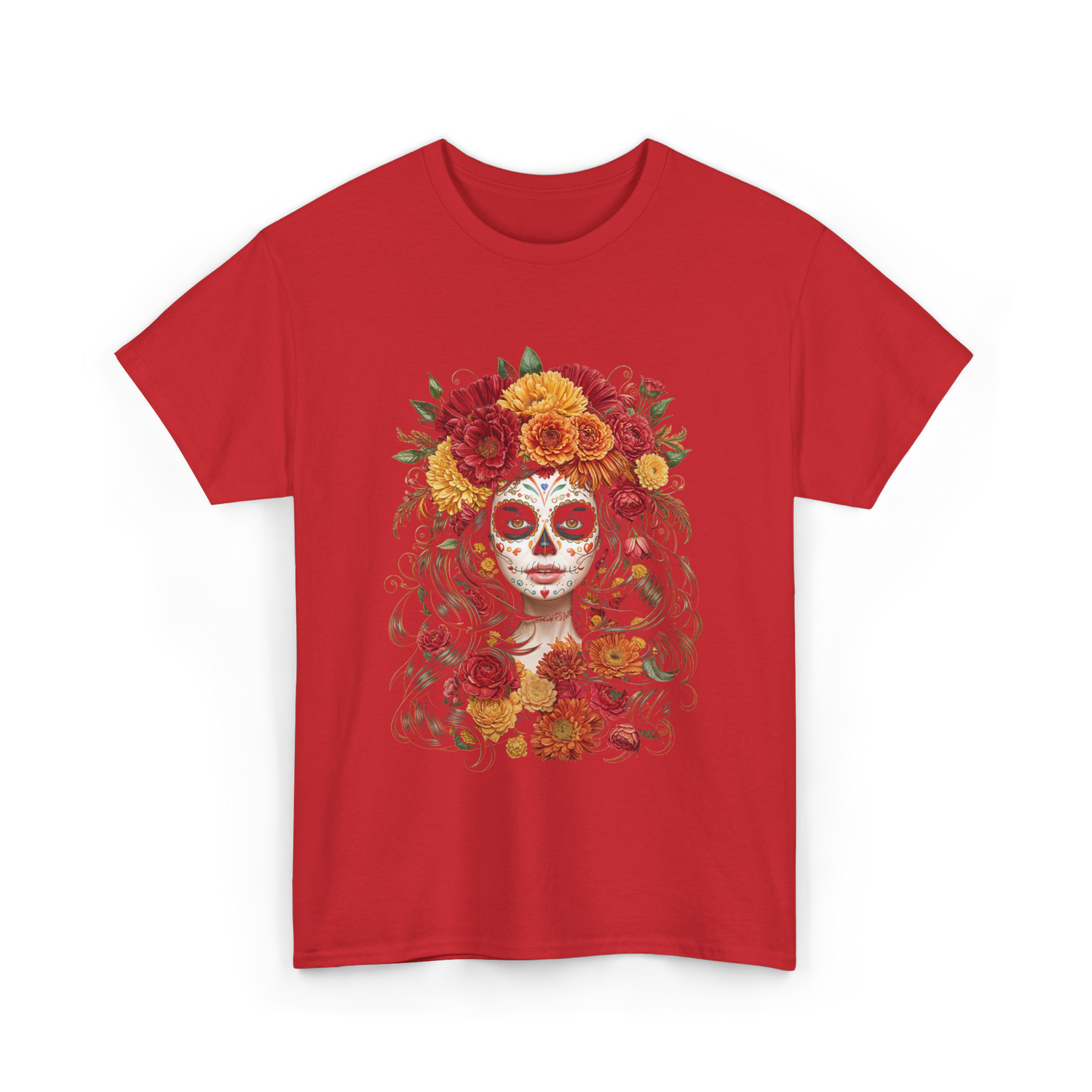 Sugar Skull Floral Art Sugar Skull T-Shirt - Red