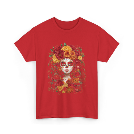 Sugar Skull Floral Art Sugar Skull T-Shirt - Red