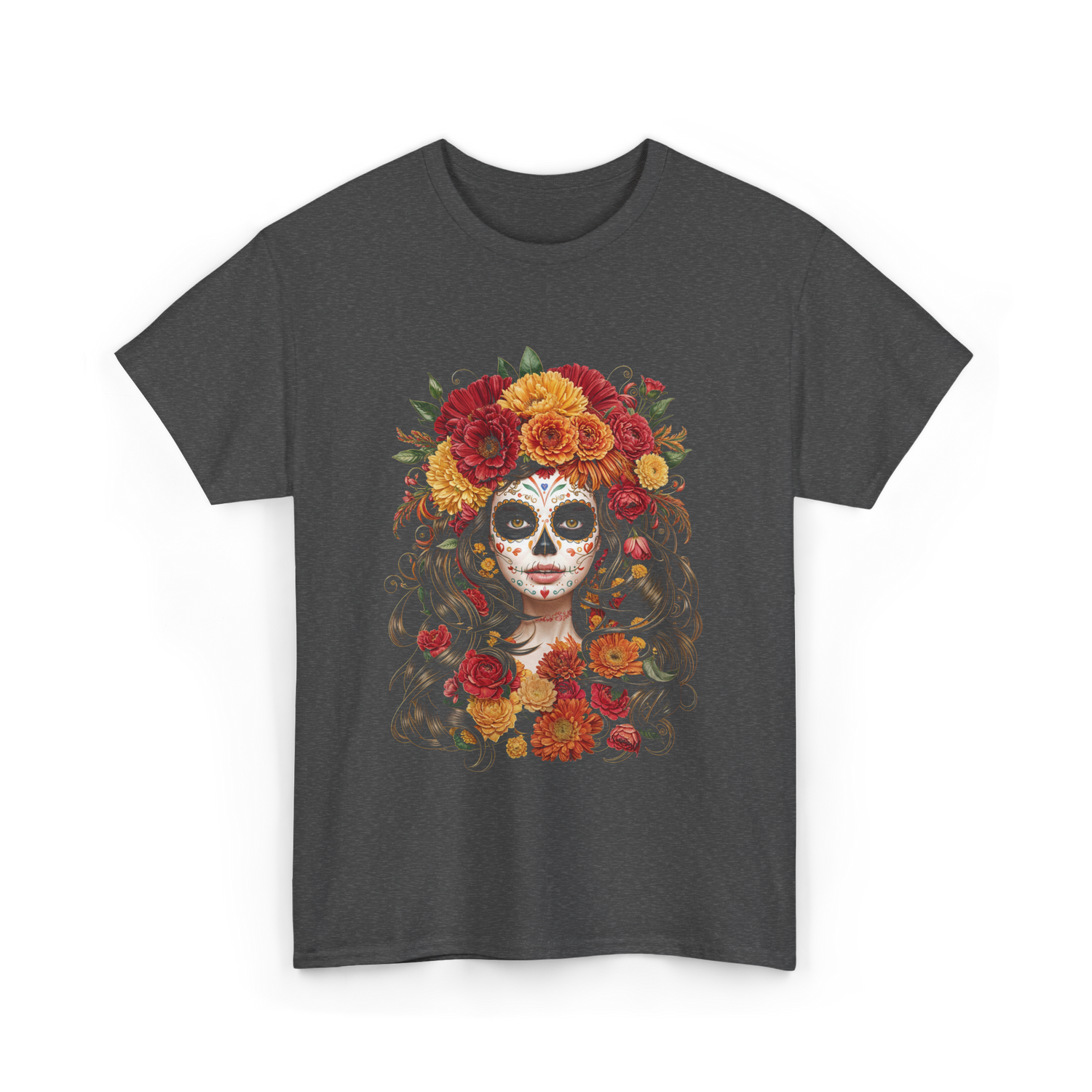 Sugar Skull Floral Art Sugar Skull T-Shirt - Dark Heather